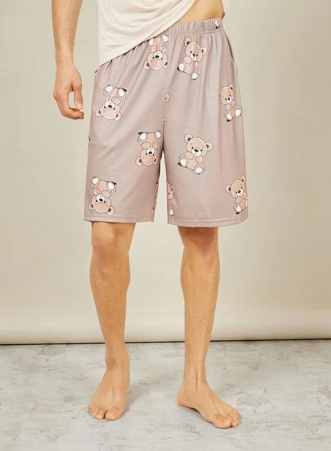 ستايلي Teddy Print Crew Neck T-shirt and AOP Short Set