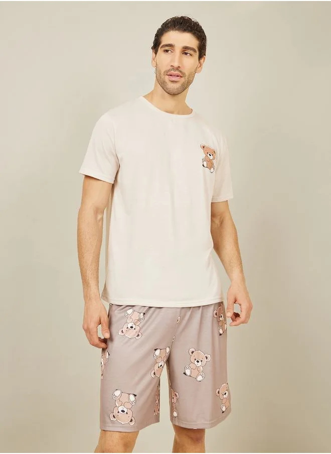 Styli Teddy Print Crew Neck T-shirt and AOP Short Set