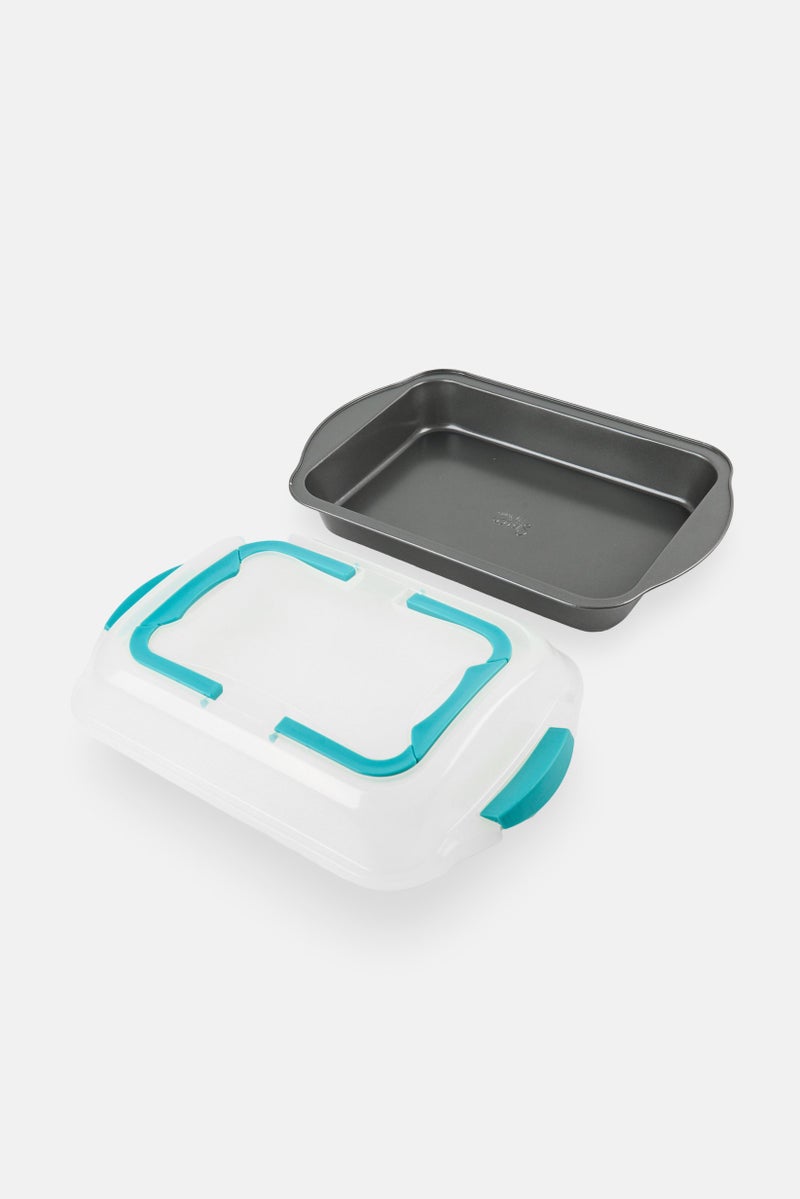 Spice by Tia Mowry Rectangle Carbon Steel Roasting Pan With Carrier, Teal/Grey  - Image 3