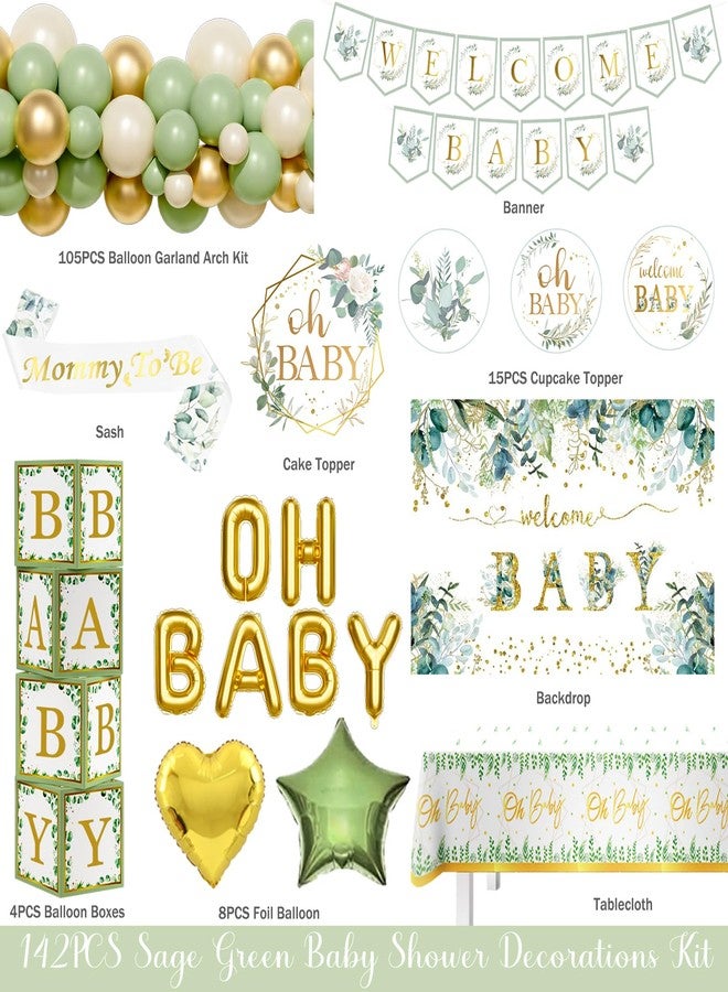 Hombae Sage Green Baby Shower Decorations, Gender Neutral Greenery Baby Shower Decorations, Welcome Baby Backdrop Green Gold Balloon Banner Tablecloth Cake Cupcake Topper Mommy to Be Sash Boxes - Image 2