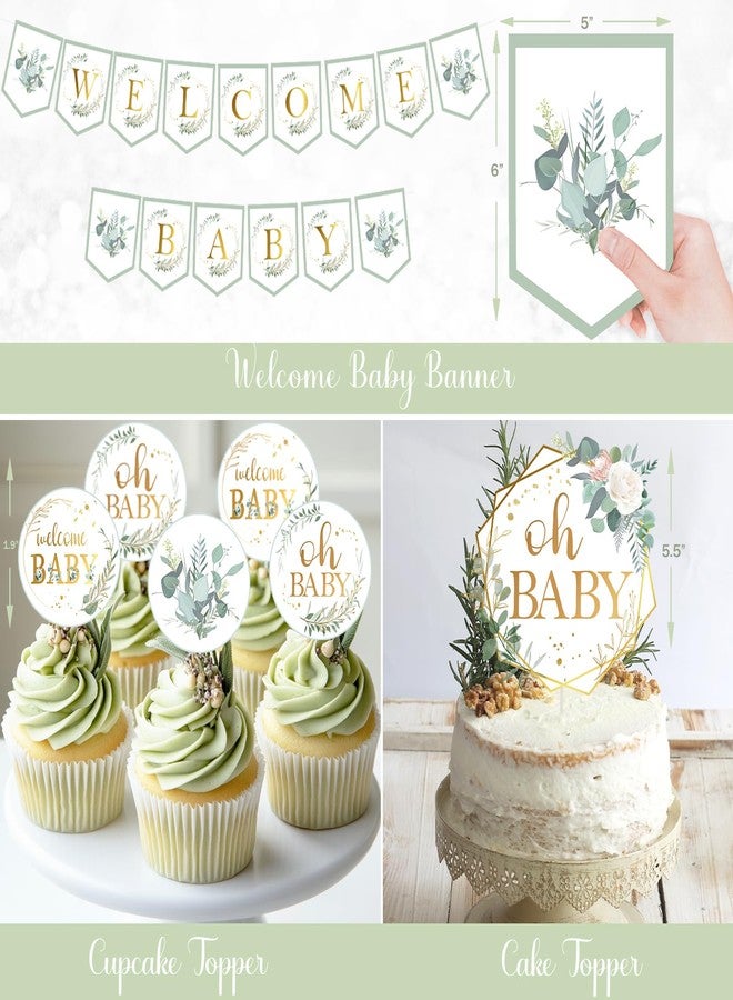 Hombae Sage Green Baby Shower Decorations, Gender Neutral Greenery Baby Shower Decorations, Welcome Baby Backdrop Green Gold Balloon Banner Tablecloth Cake Cupcake Topper Mommy to Be Sash Boxes - Image 4