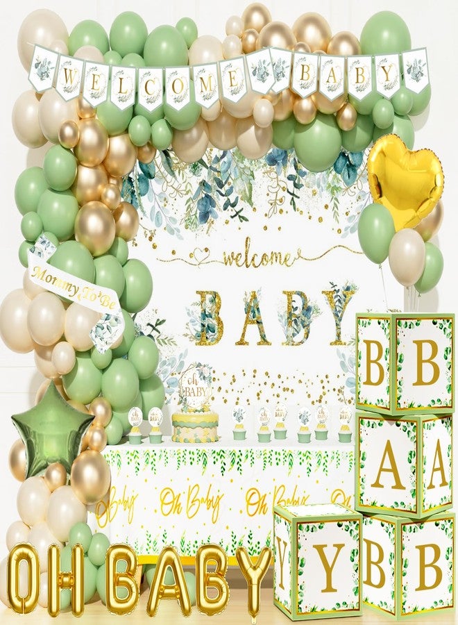 Hombae Sage Green Baby Shower Decorations, Gender Neutral Greenery Baby Shower Decorations, Welcome Baby Backdrop Green Gold Balloon Banner Tablecloth Cake Cupcake Topper Mommy to Be Sash Boxes - Image 1