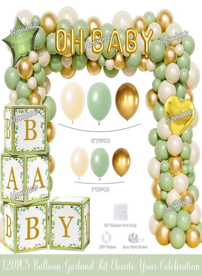 Hombae Sage Green Baby Shower Decorations, Gender Neutral Greenery Baby Shower Decorations, Welcome Baby Backdrop Green Gold Balloon Banner Tablecloth Cake Cupcake Topper Mommy to Be Sash Boxes - Image 3