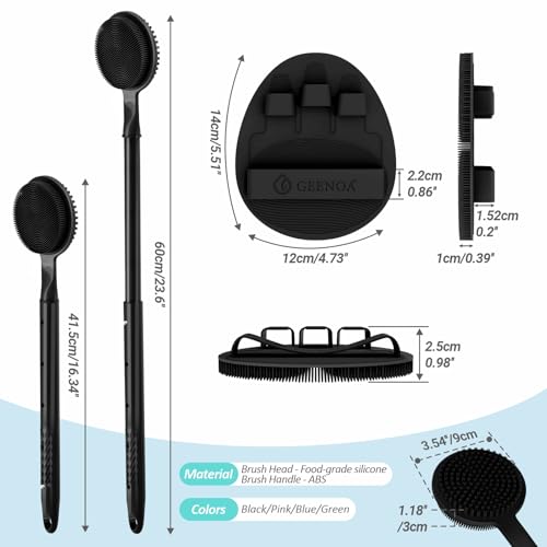 GEENOA Silicone Back Scrubber & Soft Bath Glove 2PCS, 16''- 24'' Extendable Shower Scrubber with Dual-Side Head, 360° Anti-Slip & Hand-fit Silicone Body Scrubber for Rich Foaming Deep Cleaning(Black) - Image 2