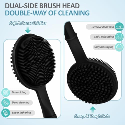 GEENOA Silicone Back Scrubber & Soft Bath Glove 2PCS, 16''- 24'' Extendable Shower Scrubber with Dual-Side Head, 360° Anti-Slip & Hand-fit Silicone Body Scrubber for Rich Foaming Deep Cleaning(Black) - Image 4