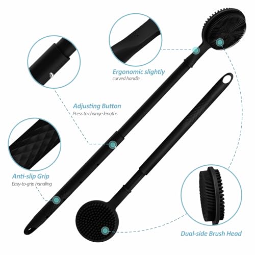 GEENOA Silicone Back Scrubber & Soft Bath Glove 2PCS, 16''- 24'' Extendable Shower Scrubber with Dual-Side Head, 360° Anti-Slip & Hand-fit Silicone Body Scrubber for Rich Foaming Deep Cleaning(Black) - Image 3