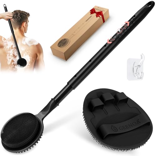 GEENOA Silicone Back Scrubber & Soft Bath Glove 2PCS, 16''- 24'' Extendable Shower Scrubber with Dual-Side Head, 360° Anti-Slip & Hand-fit Silicone Body Scrubber for Rich Foaming Deep Cleaning(Black) - Image 1