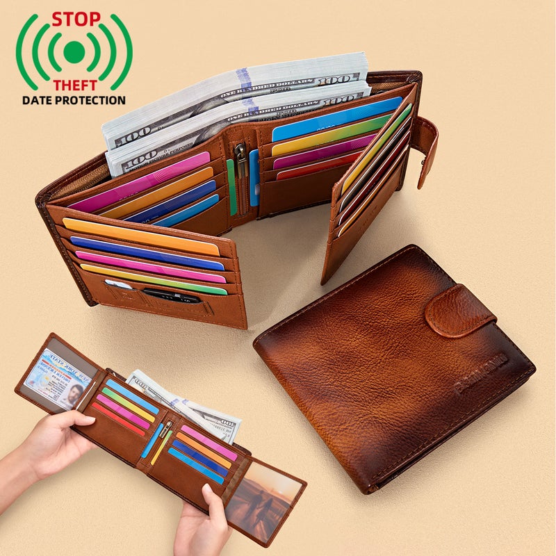 banyanu Genuine Leather Wallet for Men with Snap Snap, Multi-Card Slots, Driver's License Integrated Slim Wallet (Yellow-Brown) - Image 2