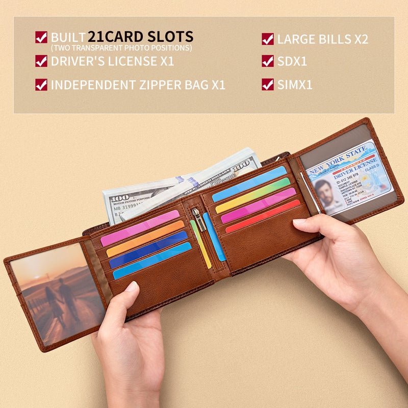 banyanu Genuine Leather Wallet for Men with Snap Snap, Multi-Card Slots, Driver's License Integrated Slim Wallet (Yellow-Brown) - Image 4