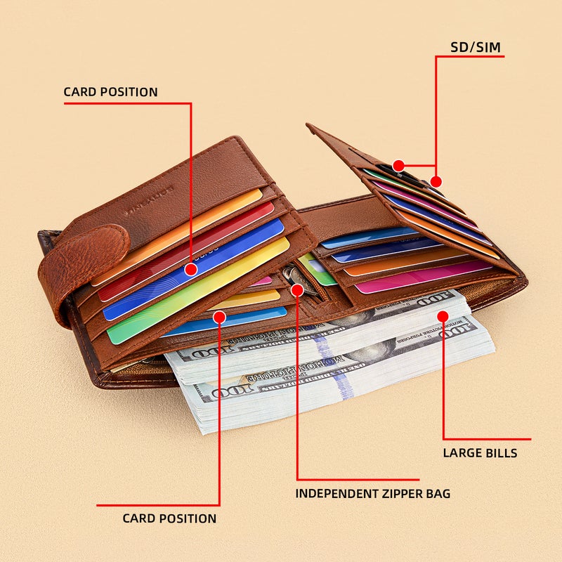 banyanu Genuine Leather Wallet for Men with Snap Snap, Multi-Card Slots, Driver's License Integrated Slim Wallet (Yellow-Brown) - Image 3