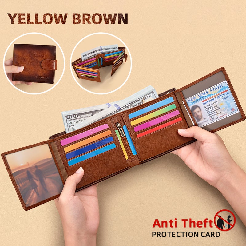 banyanu Genuine Leather Wallet for Men with Snap Snap, Multi-Card Slots, Driver's License Integrated Slim Wallet (Yellow-Brown) - Image 1