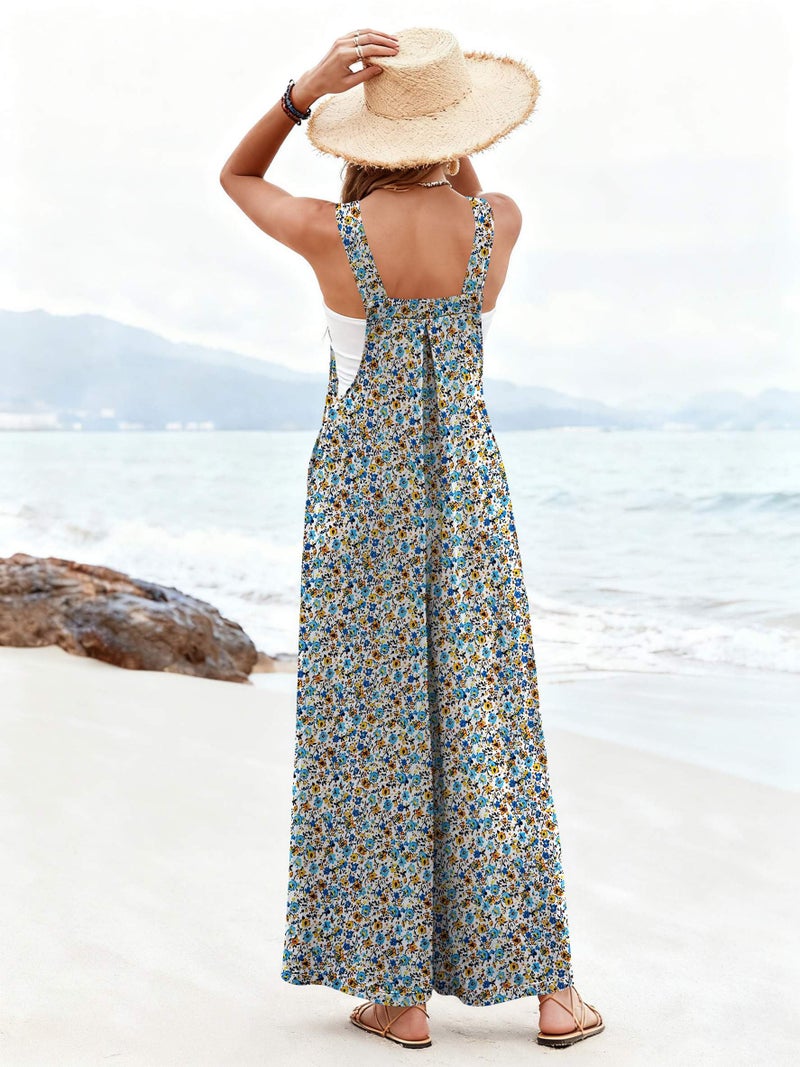 Ekouaer Women's Casual Overalls Loose Wide Leg Jumpsuits Summer Boho Floral Printed Baggy Rompers with Pockets A White Floral L - Image 3