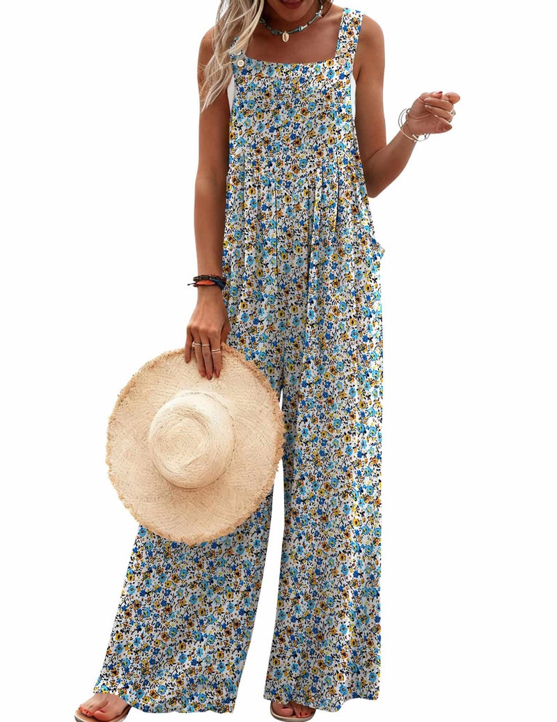 Ekouaer Women's Casual Overalls Loose Wide Leg Jumpsuits Summer Boho Floral Printed Baggy Rompers with Pockets A White Floral L - Image 1