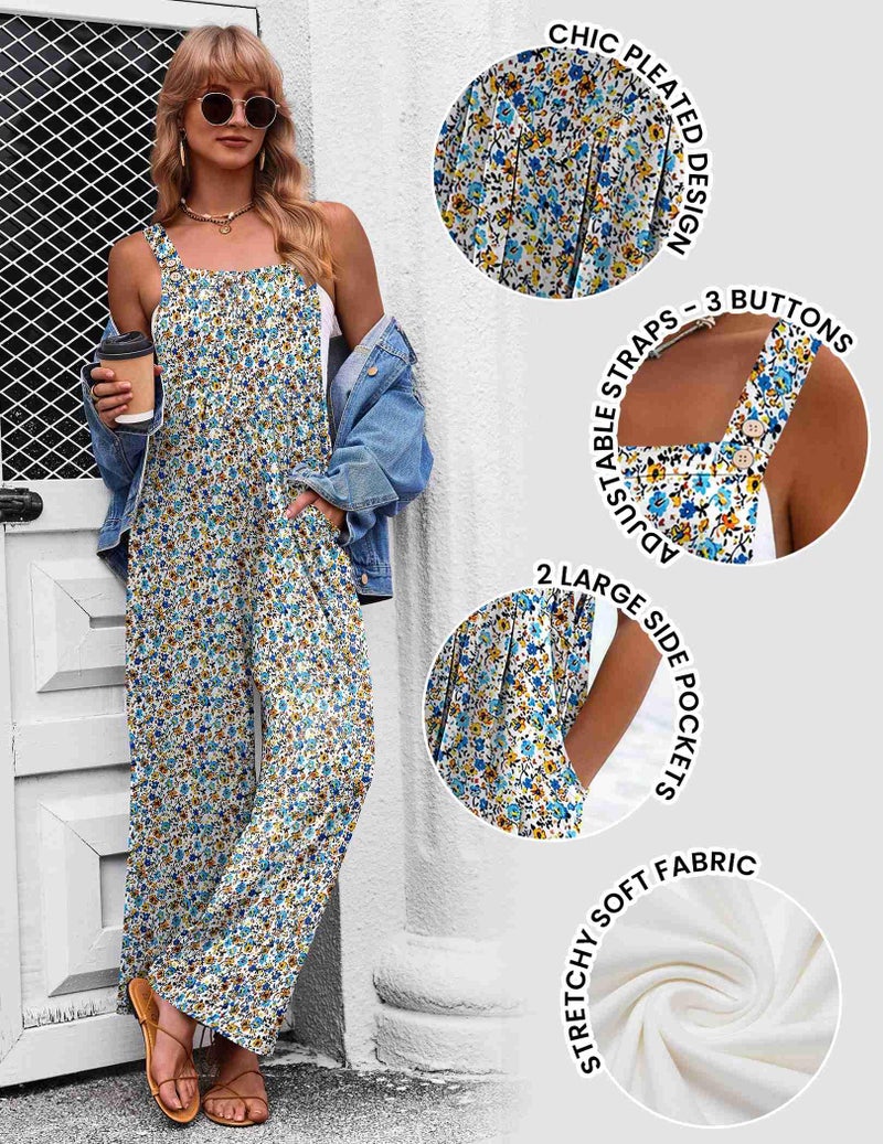 Ekouaer Women's Casual Overalls Loose Wide Leg Jumpsuits Summer Boho Floral Printed Baggy Rompers with Pockets A White Floral L - Image 5