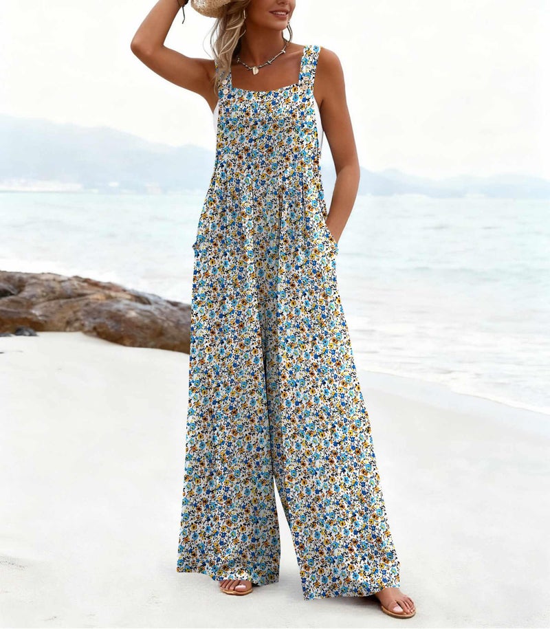 Ekouaer Women's Casual Overalls Loose Wide Leg Jumpsuits Summer Boho Floral Printed Baggy Rompers with Pockets A White Floral L - Image 2