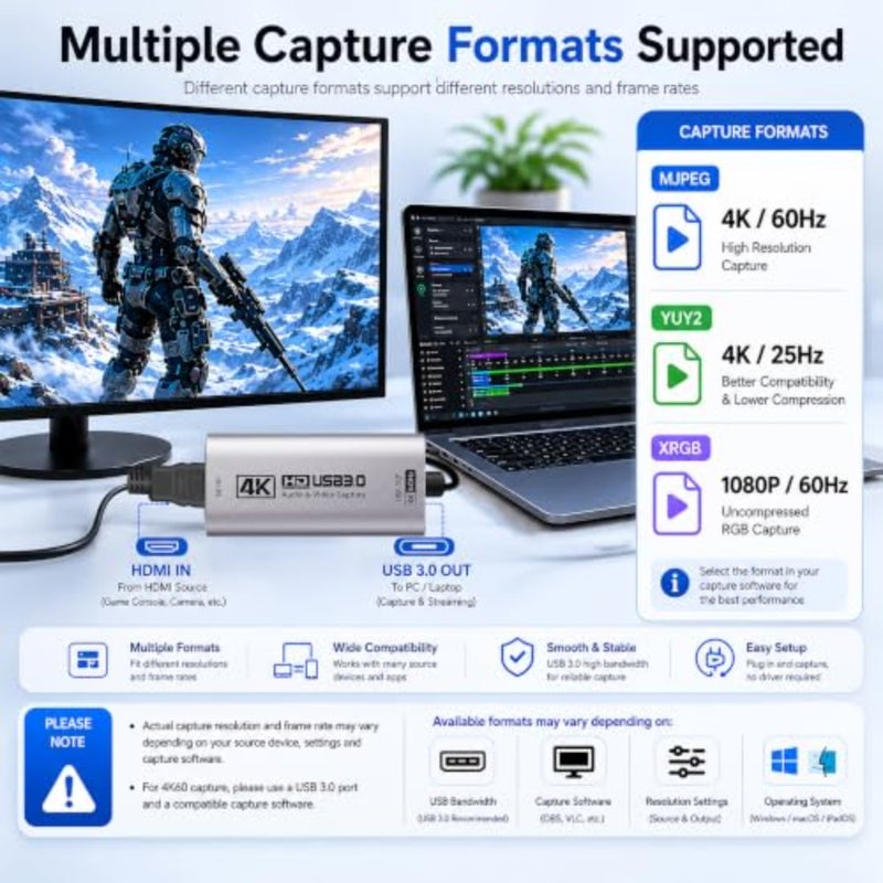 بطاقة التقاط HDMI للبث، هيكل من سبائك الألومنيوم، أسود، دعم 4K60FPS/2K120FPS، متوافق مع USB 3.0/USB-C - Image 4