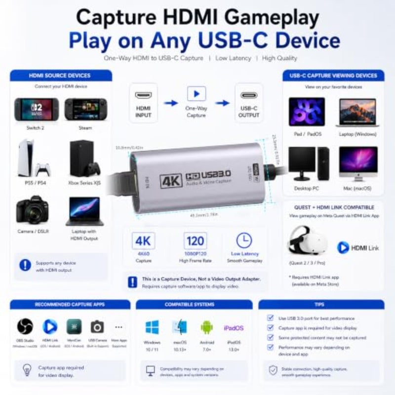بطاقة التقاط HDMI للبث، هيكل من سبائك الألومنيوم، أسود، دعم 4K60FPS/2K120FPS، متوافق مع USB 3.0/USB-C - Image 3