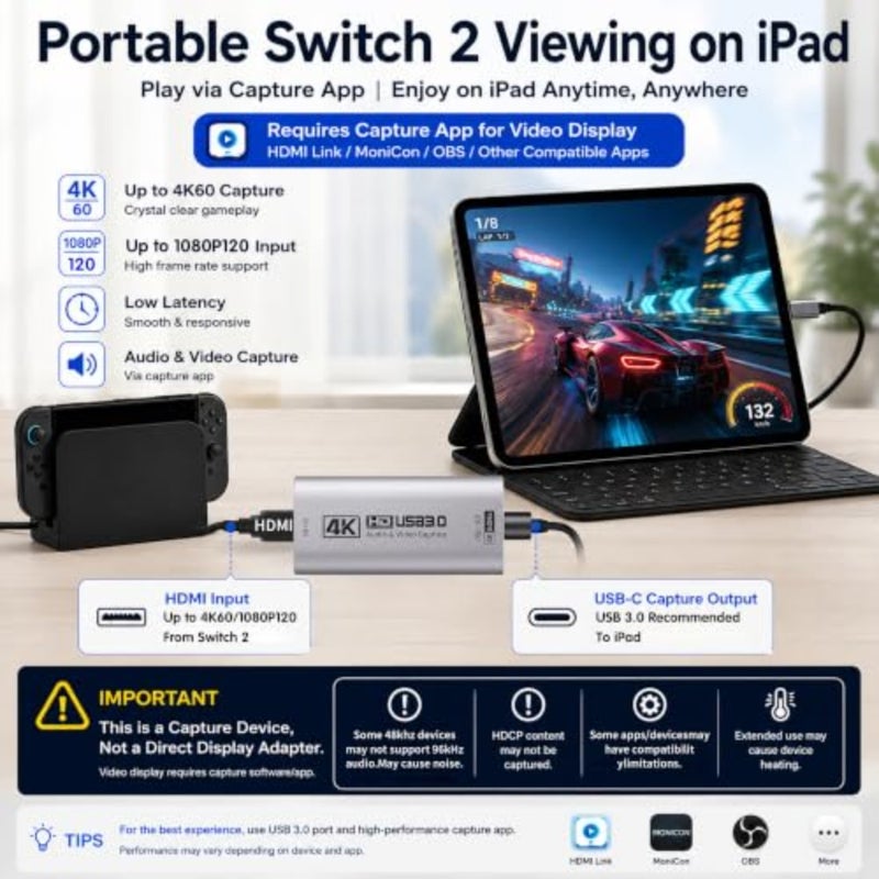 بطاقة التقاط HDMI للبث، هيكل من سبائك الألومنيوم، أسود، دعم 4K60FPS/2K120FPS، متوافق مع USB 3.0/USB-C - Image 2