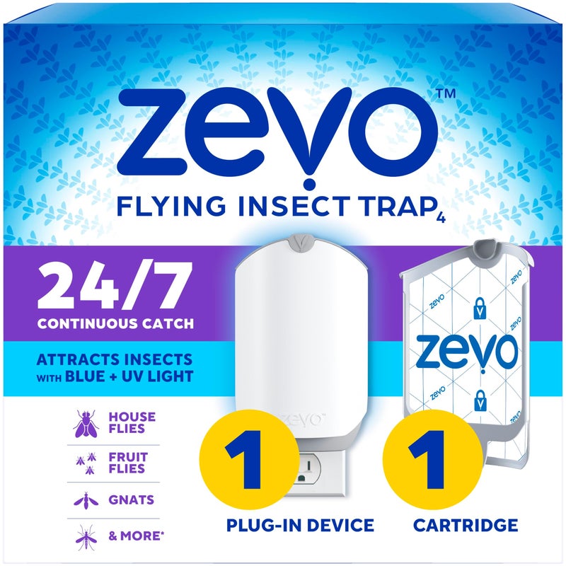 Zevo Flying Insect Trap & Cartridge - Plug in Fly Trap & Indoor Bug Catcher for Gnats, House & Fruit Flies - Mess-Free - Use in Any Room - Uses Blue & UV Light (1 Plug in Device & 1 Cartridge) - Image 1