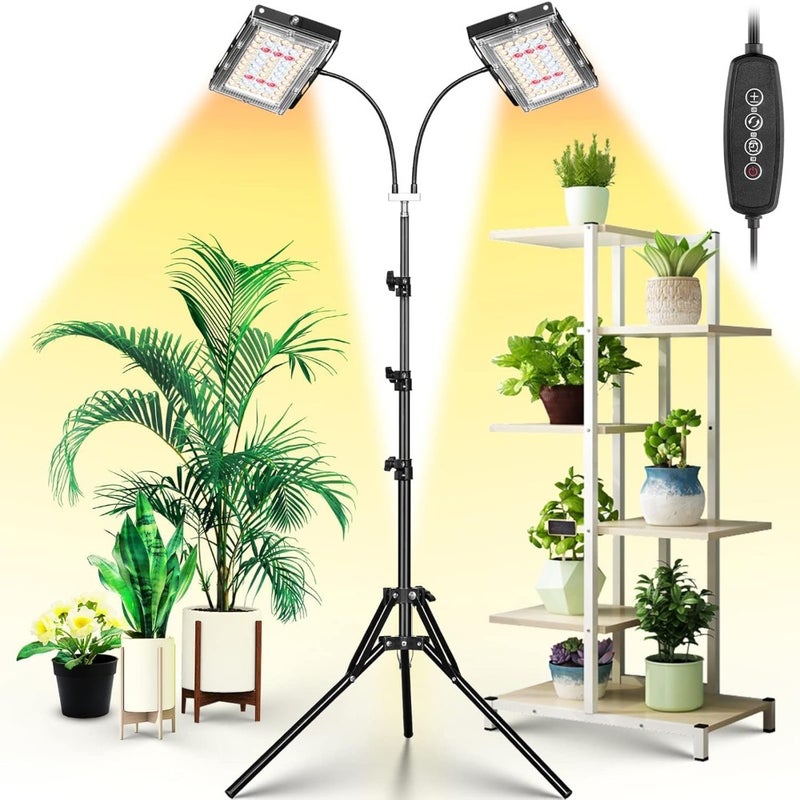 Grow Light for Indoor Plants, Dual Heads Full Spectrum 200W LED, Auto On/Off Timer, 6 Dimmable Levels, 3 Switch Modes, Adjustable Tripod Stand 15-63 inches - Image 2