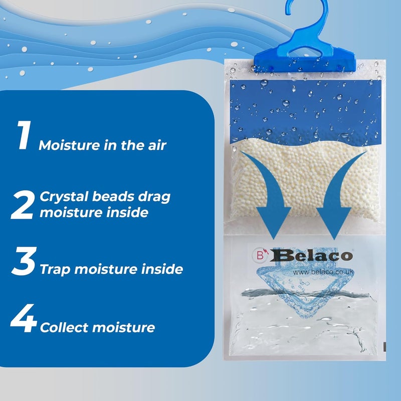 Belaco Set of 18 Hanging Dehumidifier, 230g Moisture Absorber, Dehumidifier for home, Ideal to eliminate damp & Condensation Bedroom, Wardrobe, Kitchen, Basement, Office etc (18) - Image 4