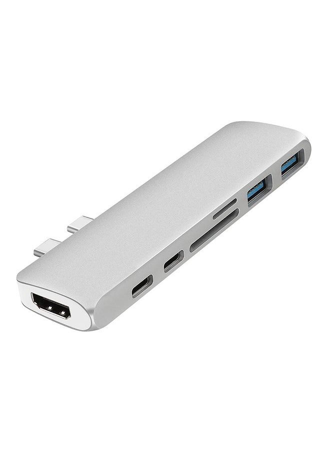 7-In-1 USB-C Hub Dual Type-C HDMI 2 x USB 3.0 TF Card Reader Adapter Silver - Image 1