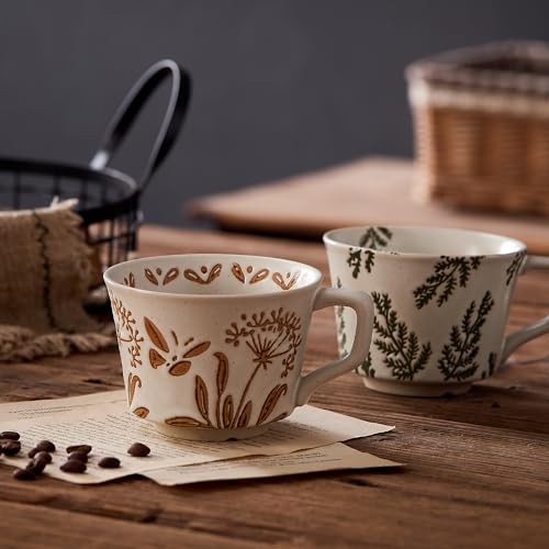 Swuut 12oz Vintage Ceramic Coffee Mug Set of 2 - Handmade Stoneware Pottery Countryside Farmhouse Fall Autumn Tea Mugs with Big Handle for Latte,Cocoa,Dishwasher & Microwave Safe Cups (Plants) - Image 3