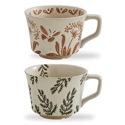 Swuut 12oz Vintage Ceramic Coffee Mug Set of 2 - Handmade Stoneware Pottery Countryside Farmhouse Fall Autumn Tea Mugs with Big Handle for Latte,Cocoa,Dishwasher & Microwave Safe Cups (Plants) - Image 1