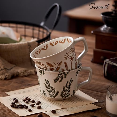 Swuut 12oz Vintage Ceramic Coffee Mug Set of 2 - Handmade Stoneware Pottery Countryside Farmhouse Fall Autumn Tea Mugs with Big Handle for Latte,Cocoa,Dishwasher & Microwave Safe Cups (Plants) - Image 2