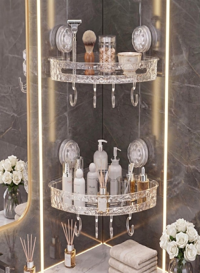 LINEAR Wall Mounted Storage Rack with Hooks | Acrylic Bath Shelf Organiser | Self Adhesive Bathroom Shelf | Crystal Pattern Design, Shelf for Bathroom Accessories (2) - Image 1