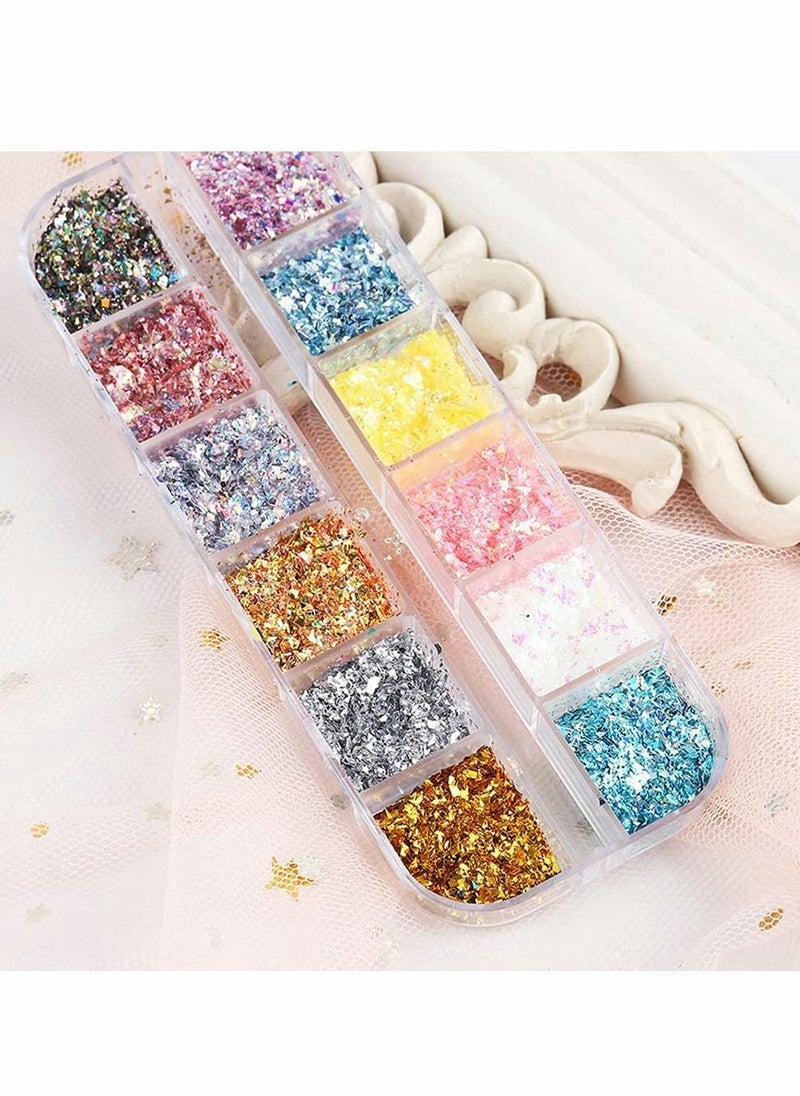 Excefore Nail Art Foil Flakes, 12 Colors Nail Foil Flakes Glitters, Foil Nail Chip Glitter Mixed Color Nail Foil Paillette 3D Glitter Decoration DIY Design Accessories for Nail DIY/Makeup/Graft/Nail Art  - Image 3