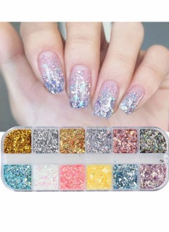 Excefore Nail Art Foil Flakes, 12 Colors Nail Foil Flakes Glitters, Foil Nail Chip Glitter Mixed Color Nail Foil Paillette 3D Glitter Decoration DIY Design Accessories for Nail DIY/Makeup/Graft/Nail Art  - Image 1
