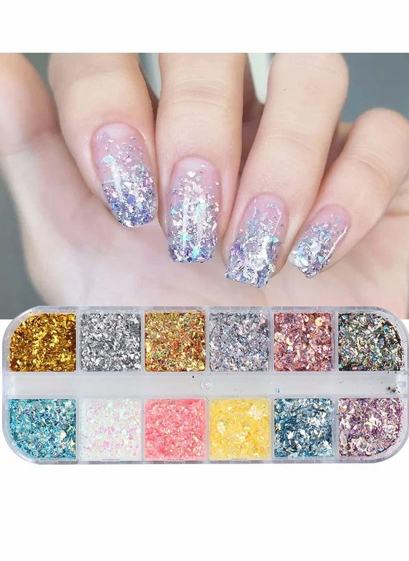 Excefore Nail Art Foil Flakes, 12 Colors Nail Foil Flakes Glitters, Foil Nail Chip Glitter Mixed Color Nail Foil Paillette 3D Glitter Decoration DIY Design Accessories for Nail DIY/Makeup/Graft/Nail Art  - Image 1