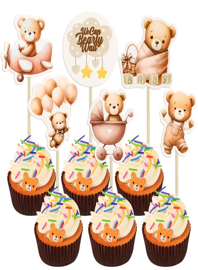 Ephlyn 36Pcs Baby Shower Bear Cupcake Toppers Baby Shower Animal Cake Decorations for Jungle Animal Theme Birthday Party Cake Decorative Supplies Brown - Image 1