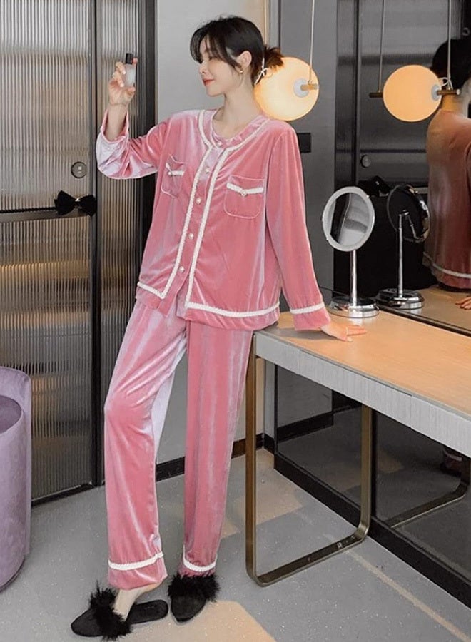 MARGOUN Women Velour Pajamas Set Long Sleeve Leisure Suit Home Clothes Soft Sleepwear Nightclothes Pink - Image 1