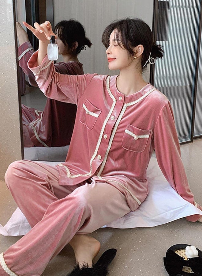 MARGOUN Women Velour Pajamas Set Long Sleeve Leisure Suit Home Clothes Soft Sleepwear Nightclothes Pink - Image 2