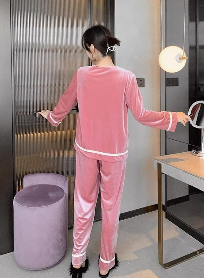 MARGOUN Women Velour Pajamas Set Long Sleeve Leisure Suit Home Clothes Soft Sleepwear Nightclothes Pink - Image 3