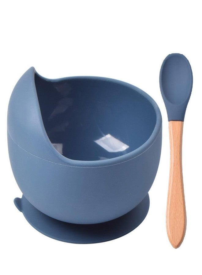 CEPLO Silicone Baby Bowl with Wooden Spoon, Suction Base, BPA-Free, Curved Walls for Self-Feeding, Dishwasher Safe Non-Slip, Non-Toxic, Bpa Free Silicone Baby Feeding Bowl (Dark Blue) - Image 1