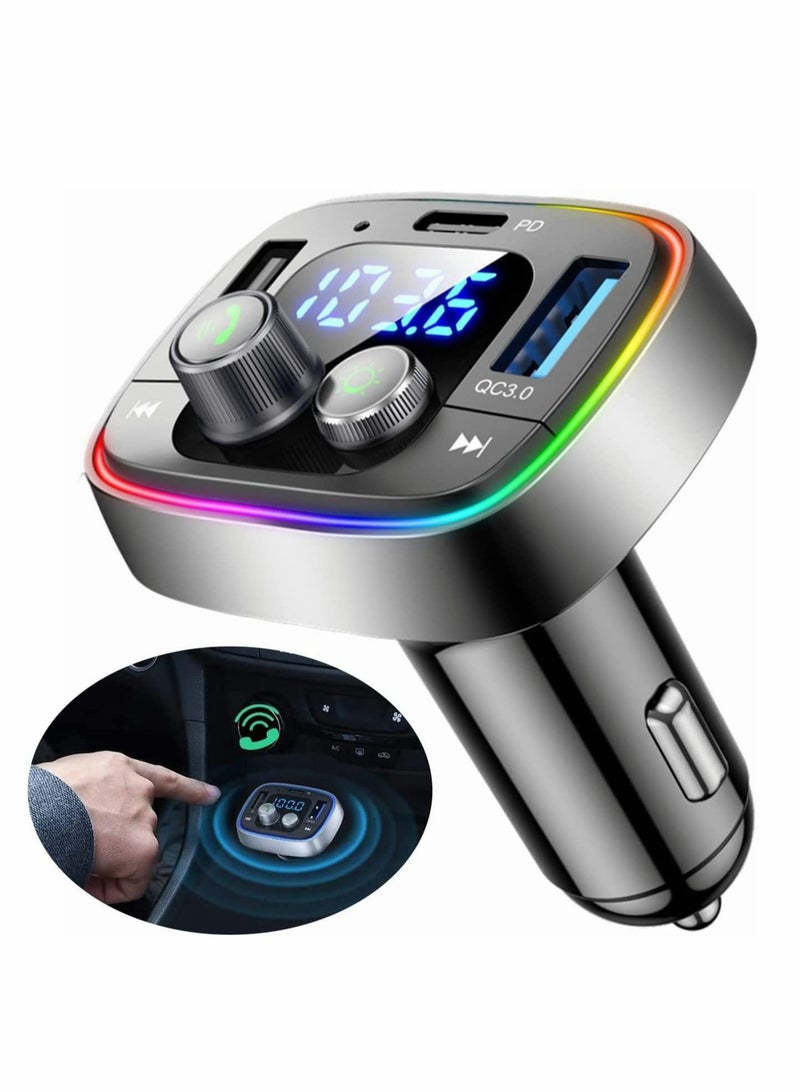 Captaintech Bluetooth Adapter for Car Wireless FM Radio Transmitter Excefore Handsfree Calling Audio Receiver MP3 Music Player QC3.0 Type-C PD USB Charger 7 Colors LED Backlit - Image 1