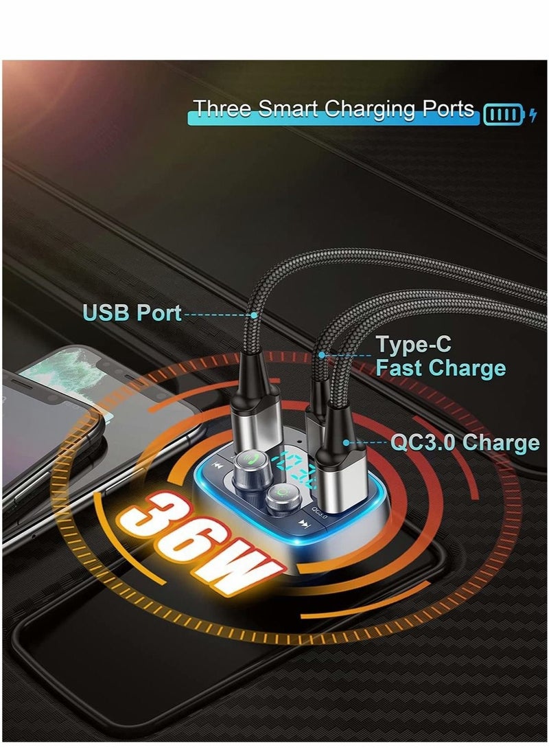 Captaintech Bluetooth Adapter for Car Wireless FM Radio Transmitter Excefore Handsfree Calling Audio Receiver MP3 Music Player QC3.0 Type-C PD USB Charger 7 Colors LED Backlit - Image 3