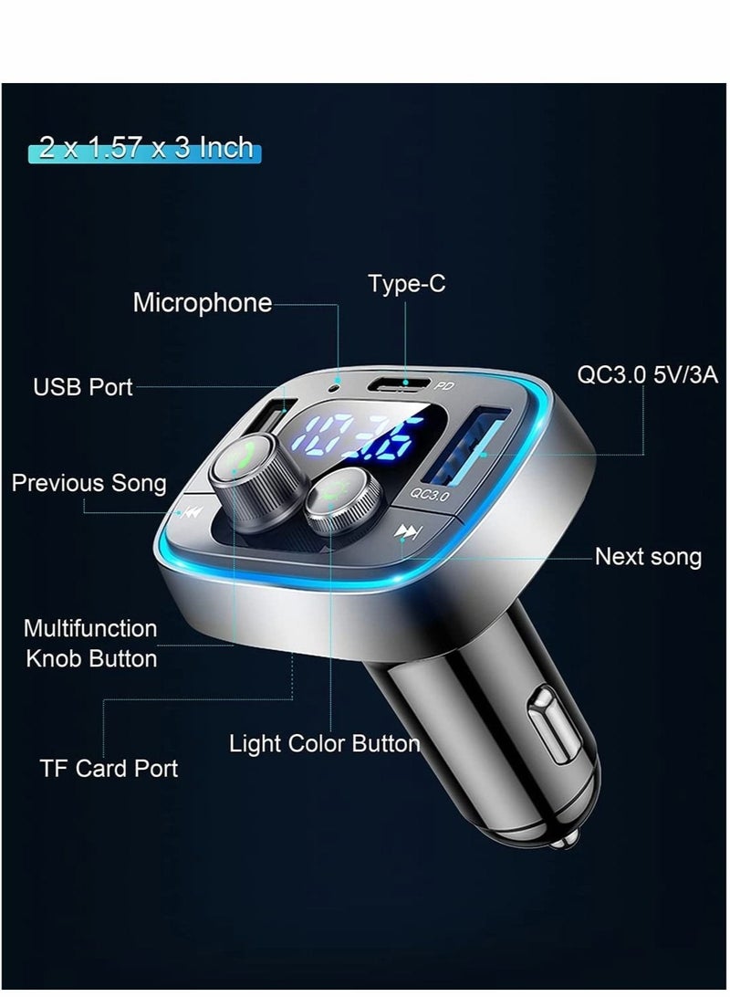 Captaintech Bluetooth Adapter for Car Wireless FM Radio Transmitter Excefore Handsfree Calling Audio Receiver MP3 Music Player QC3.0 Type-C PD USB Charger 7 Colors LED Backlit - Image 5