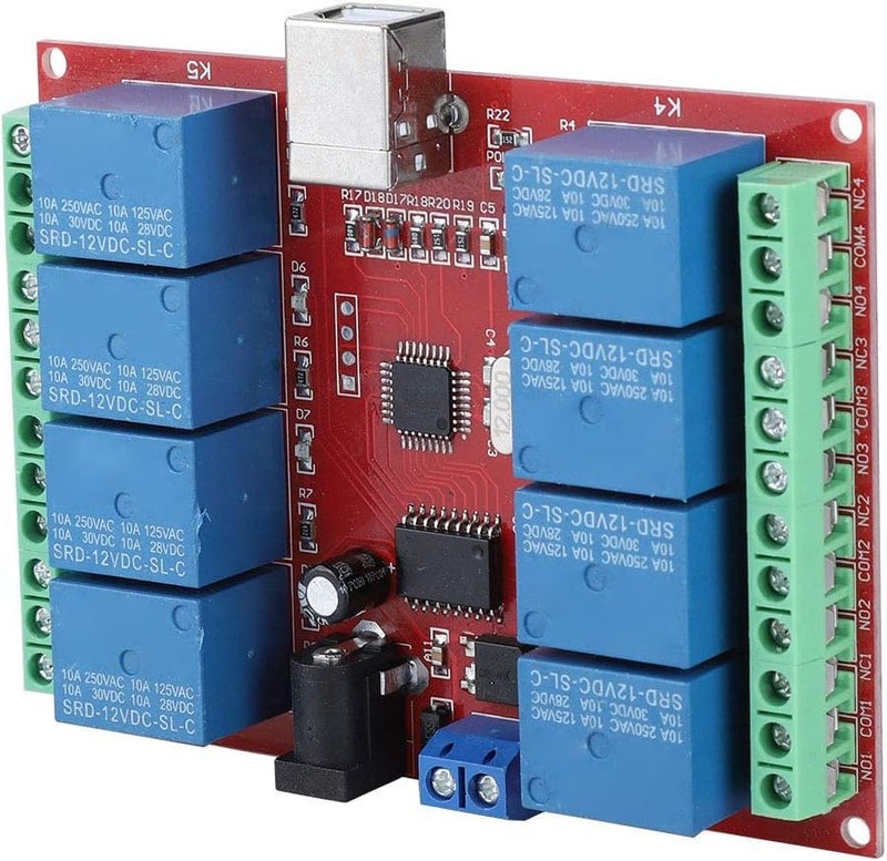 klarako 8-Channel 12V Computer USB Intelligent Control Switch Relay Module with Square USB Interface, Imported USB Control Chip, and Board Power Socket for WIN7, XP 32-bit/64-bit System - Image 1