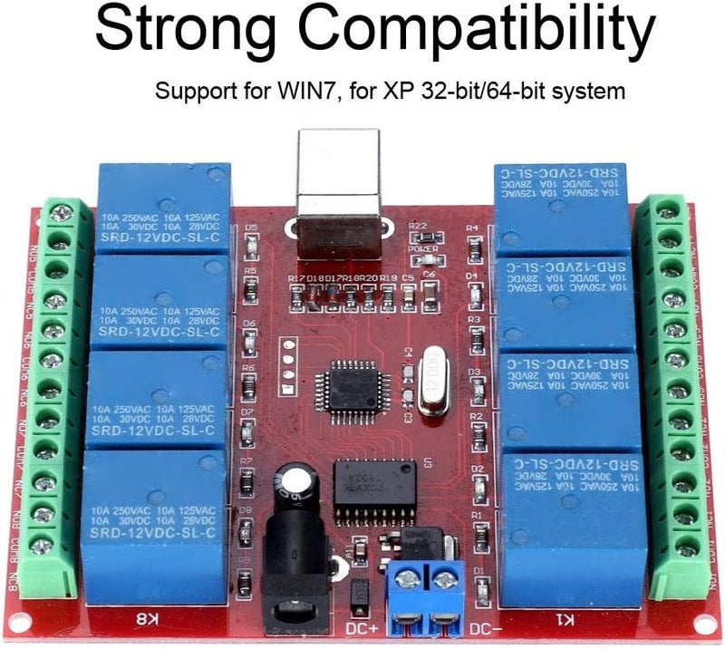 klarako 8-Channel 12V Computer USB Intelligent Control Switch Relay Module with Square USB Interface, Imported USB Control Chip, and Board Power Socket for WIN7, XP 32-bit/64-bit System - Image 5