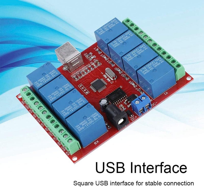 klarako 8-Channel 12V Computer USB Intelligent Control Switch Relay Module with Square USB Interface, Imported USB Control Chip, and Board Power Socket for WIN7, XP 32-bit/64-bit System - Image 2