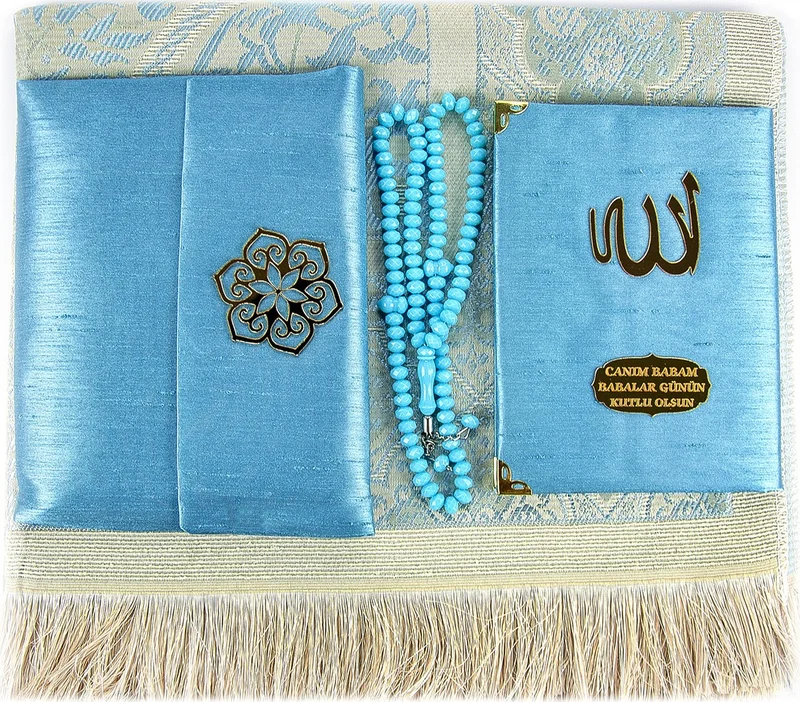 ايهفان Ihvan Father's Day Special Name Printed Fabric Covered Yasin Book Set with Prayer Mat, Rosary and Pouch - Blue Color
