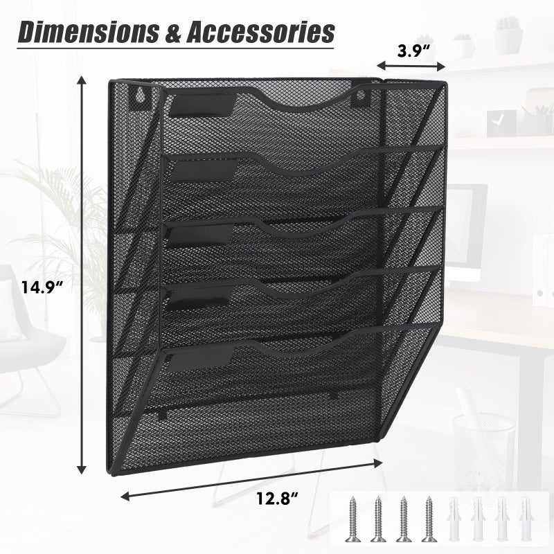 EASEPRES 5 Pocket Mesh Hanging Wall File Organizer, Wall Mounted Mail Paper Document Folder Holder, Clipboard Storage Organization Magazine Rack with Nametag Label for Office Home School, Black - Image 2