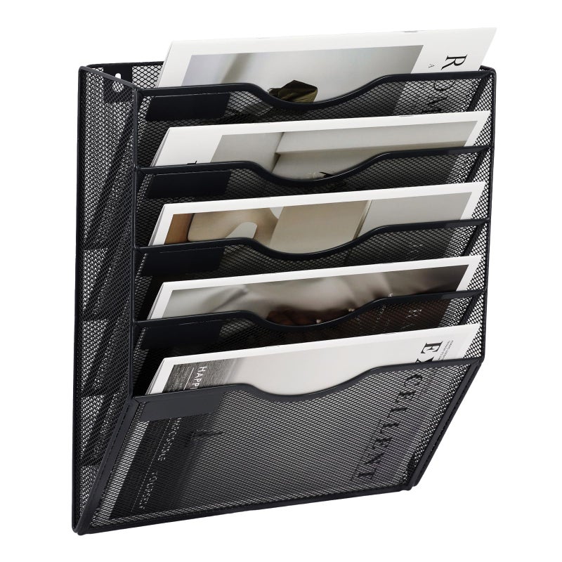EASEPRES 5 Pocket Mesh Hanging Wall File Organizer, Wall Mounted Mail Paper Document Folder Holder, Clipboard Storage Organization Magazine Rack with Nametag Label for Office Home School, Black - Image 1
