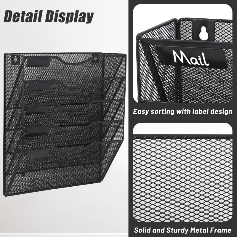 EASEPRES 5 Pocket Mesh Hanging Wall File Organizer, Wall Mounted Mail Paper Document Folder Holder, Clipboard Storage Organization Magazine Rack with Nametag Label for Office Home School, Black - Image 3