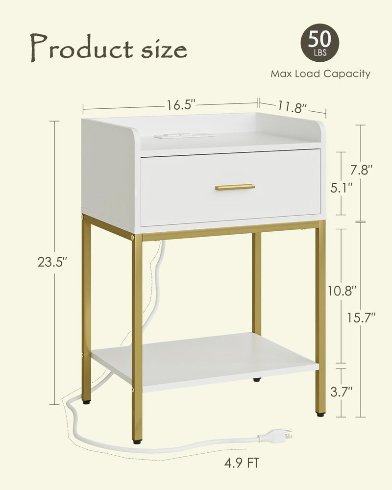 Apetaccat Nightstand with Charging Station,3-Tier Bedside Table for Small Space,Modern Night Stand with Storage Drawer and Shelf,Small Side Table for Bedroom,Living Room,White - Image 2