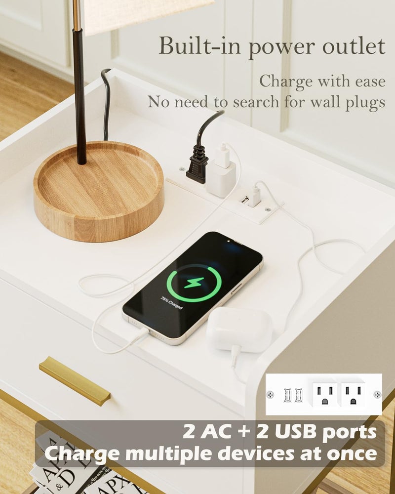 Apetaccat Nightstand with Charging Station,3-Tier Bedside Table for Small Space,Modern Night Stand with Storage Drawer and Shelf,Small Side Table for Bedroom,Living Room,White - Image 3